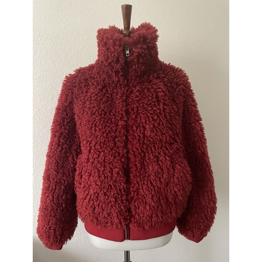 American Eagle Jacket Women S Zip Front Sherpa Fuzzy Outerwear Whimsy Fall Red